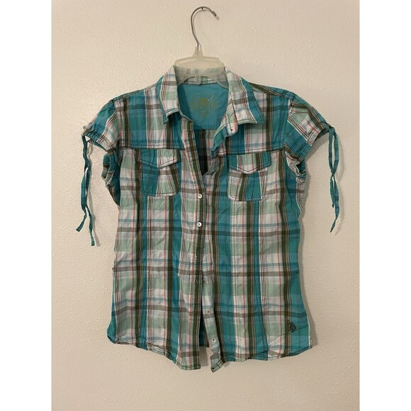 US Polo Assn Shirt Womens Medium Button Front Puff Sleeve Plaid Multicolor Blue - Picture 1 of 5